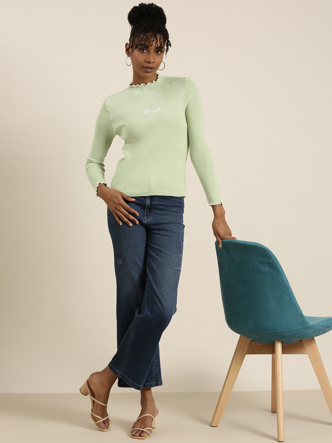 High Neck Solid Regular Sleeves Fitted Sea Green Top