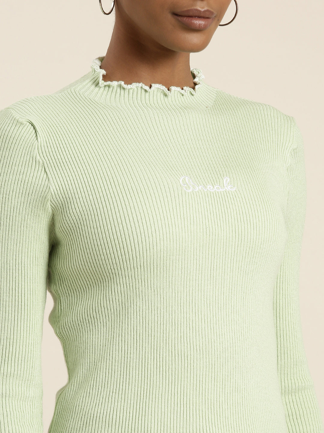 High Neck Solid Regular Sleeves Fitted Sea Green Top