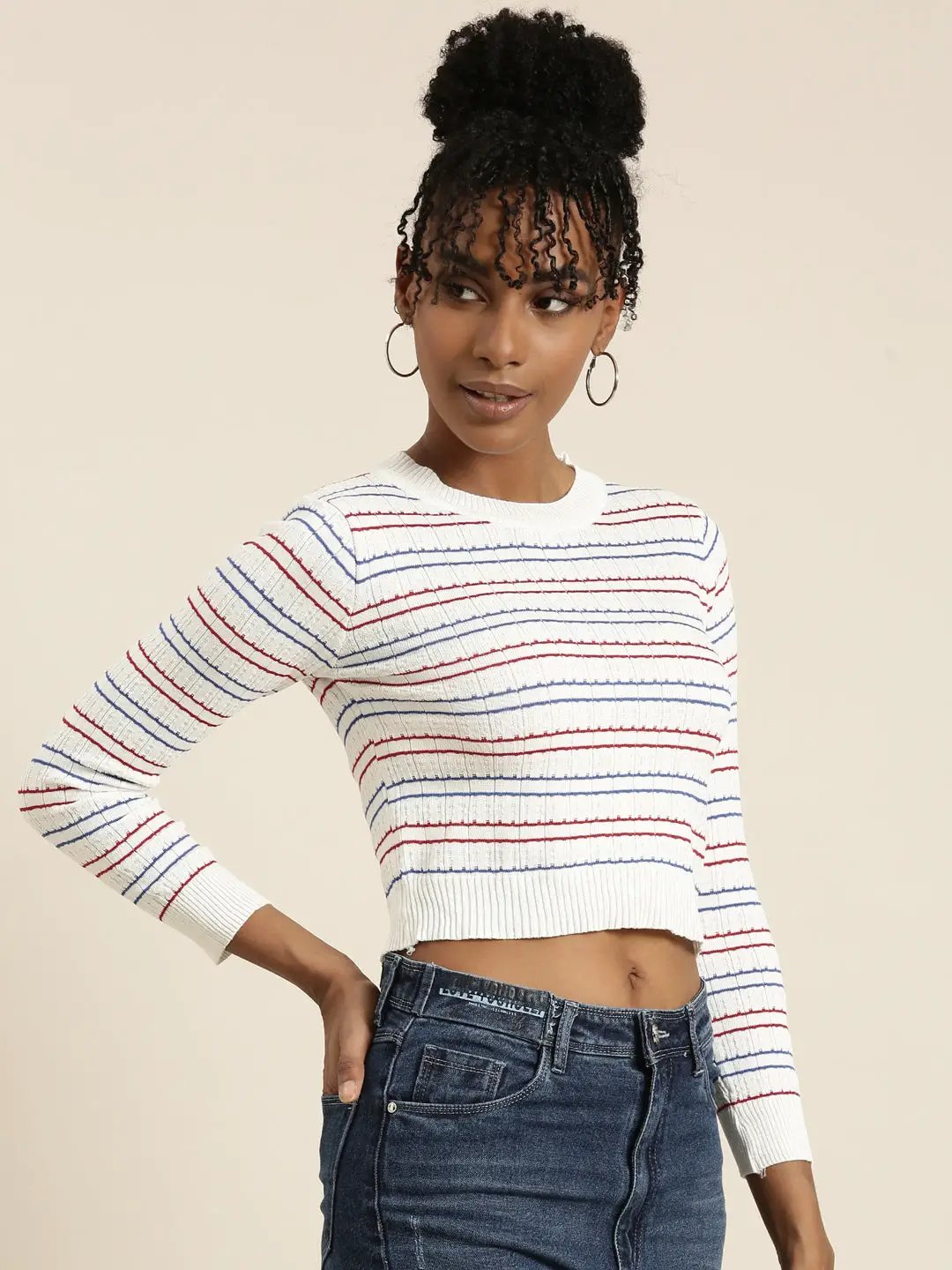 Women's White Striped Crop Top