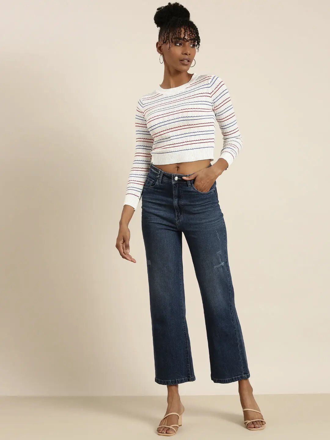 Women's White Striped Crop Top