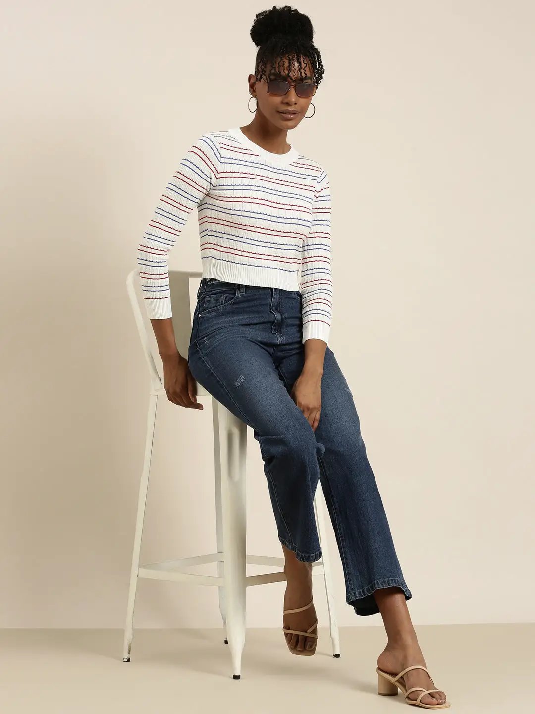 Women's White Striped Crop Top