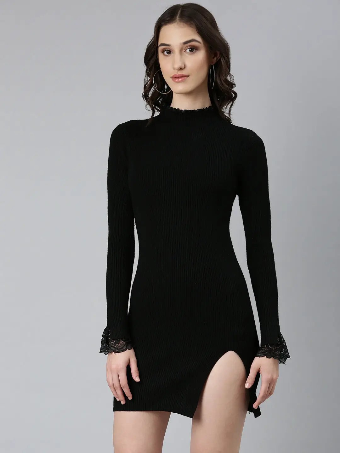 Women's Black Solid Bodycon Dress
