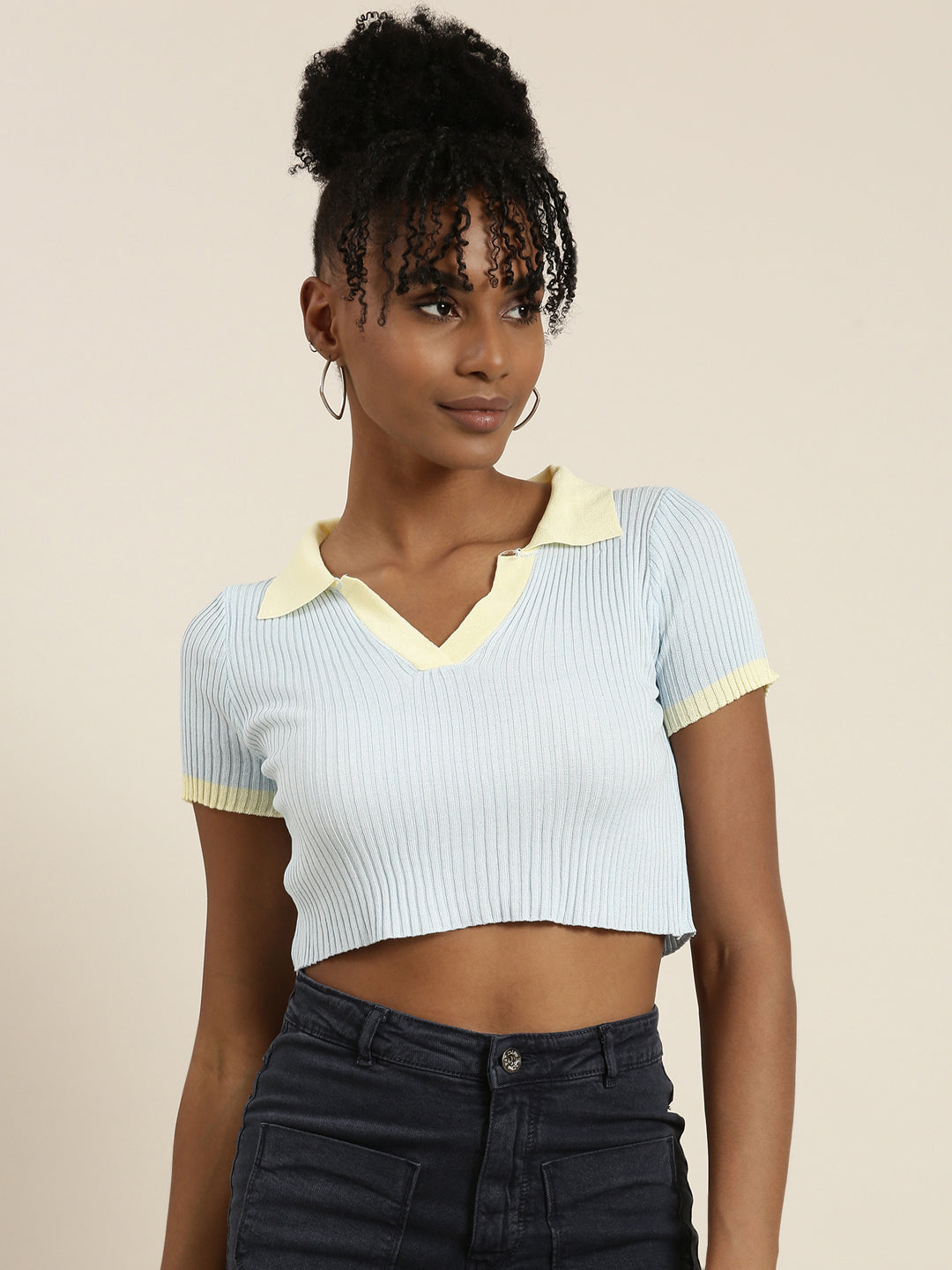 Women Shirt Collar Solid Regular Sleeves Fitted Blue Crop Top