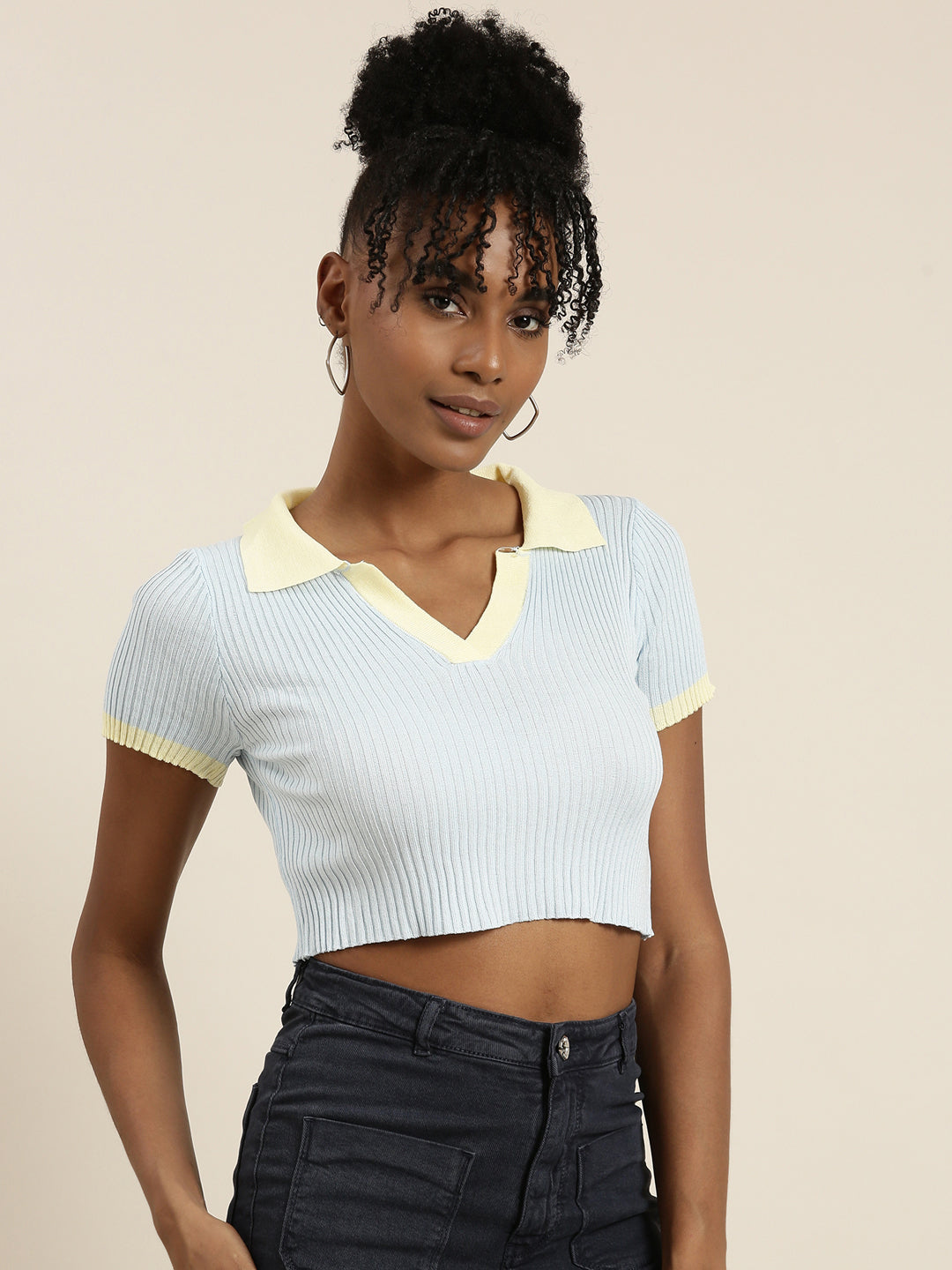 Women Shirt Collar Solid Regular Sleeves Fitted Blue Crop Top