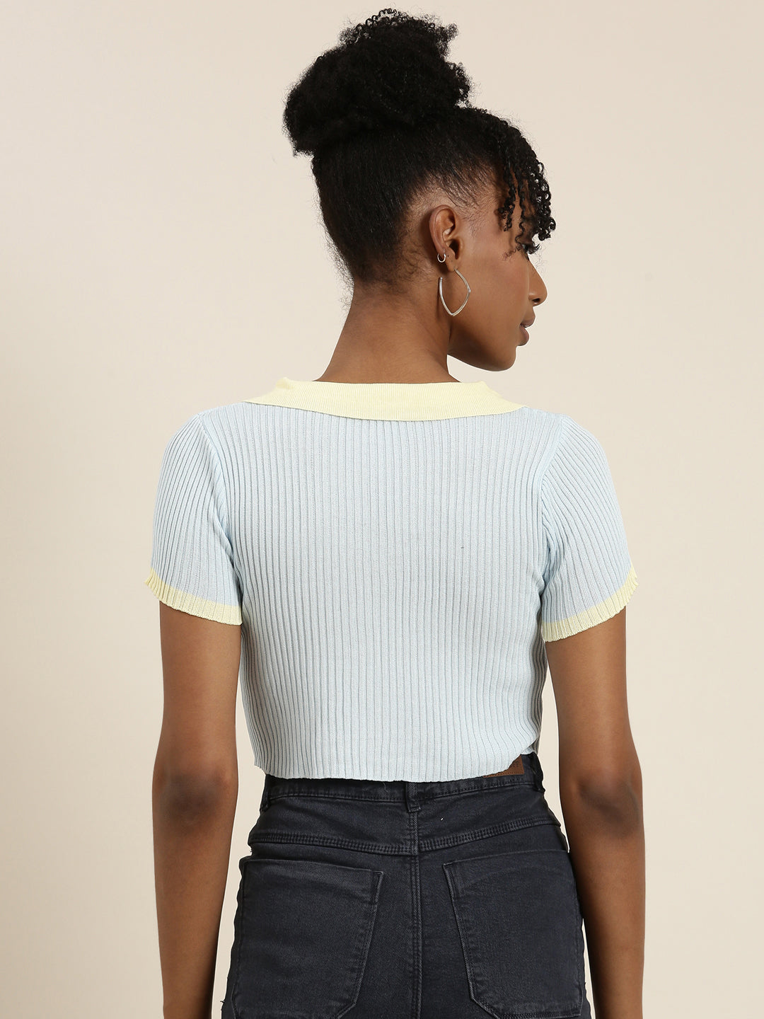 Women Shirt Collar Solid Regular Sleeves Fitted Blue Crop Top