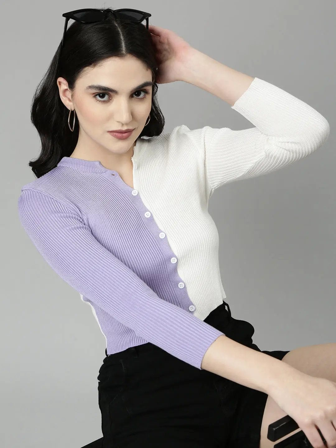 Women's Mandarin Collar Colourblocked Regular Sleeves Fitted Lavender Crop Top