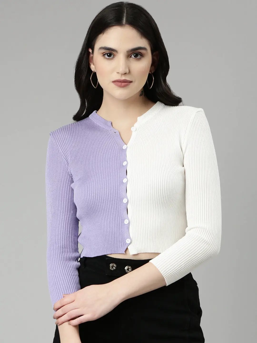 Women's Mandarin Collar Colourblocked Regular Sleeves Fitted Lavender Crop Top