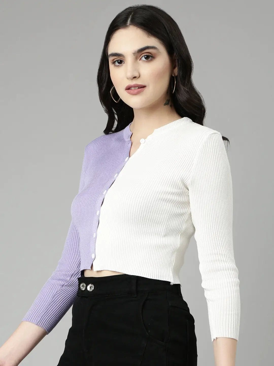 Women's Mandarin Collar Colourblocked Regular Sleeves Fitted Lavender Crop Top