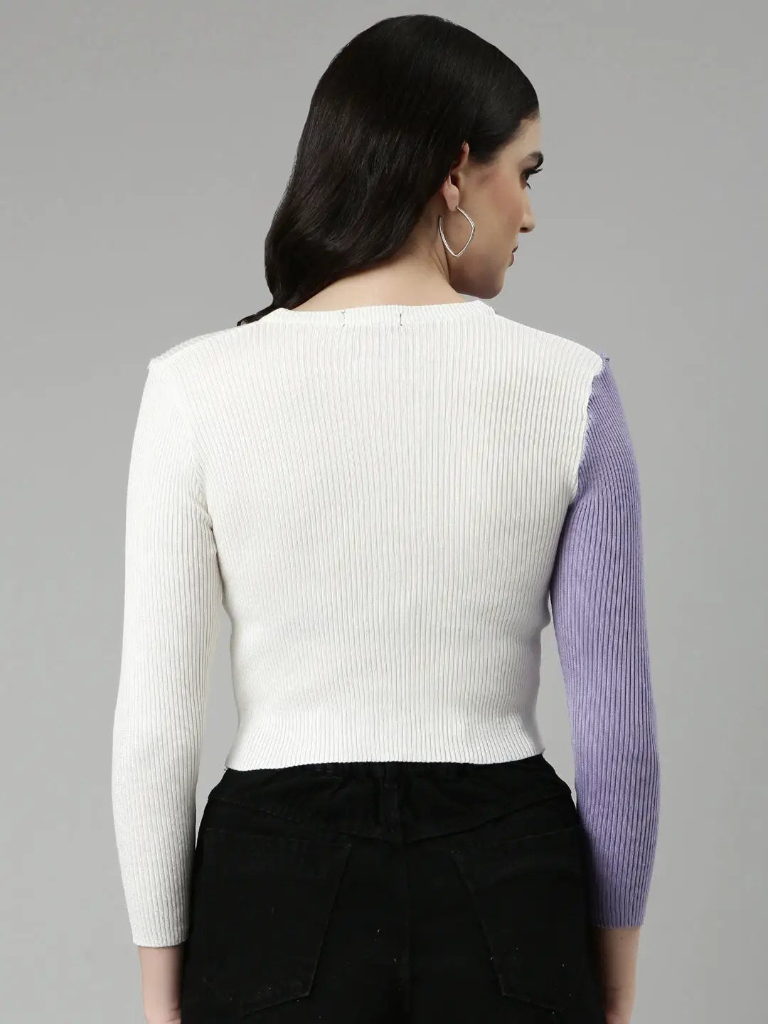 Women's Mandarin Collar Colourblocked Regular Sleeves Fitted Lavender Crop Top