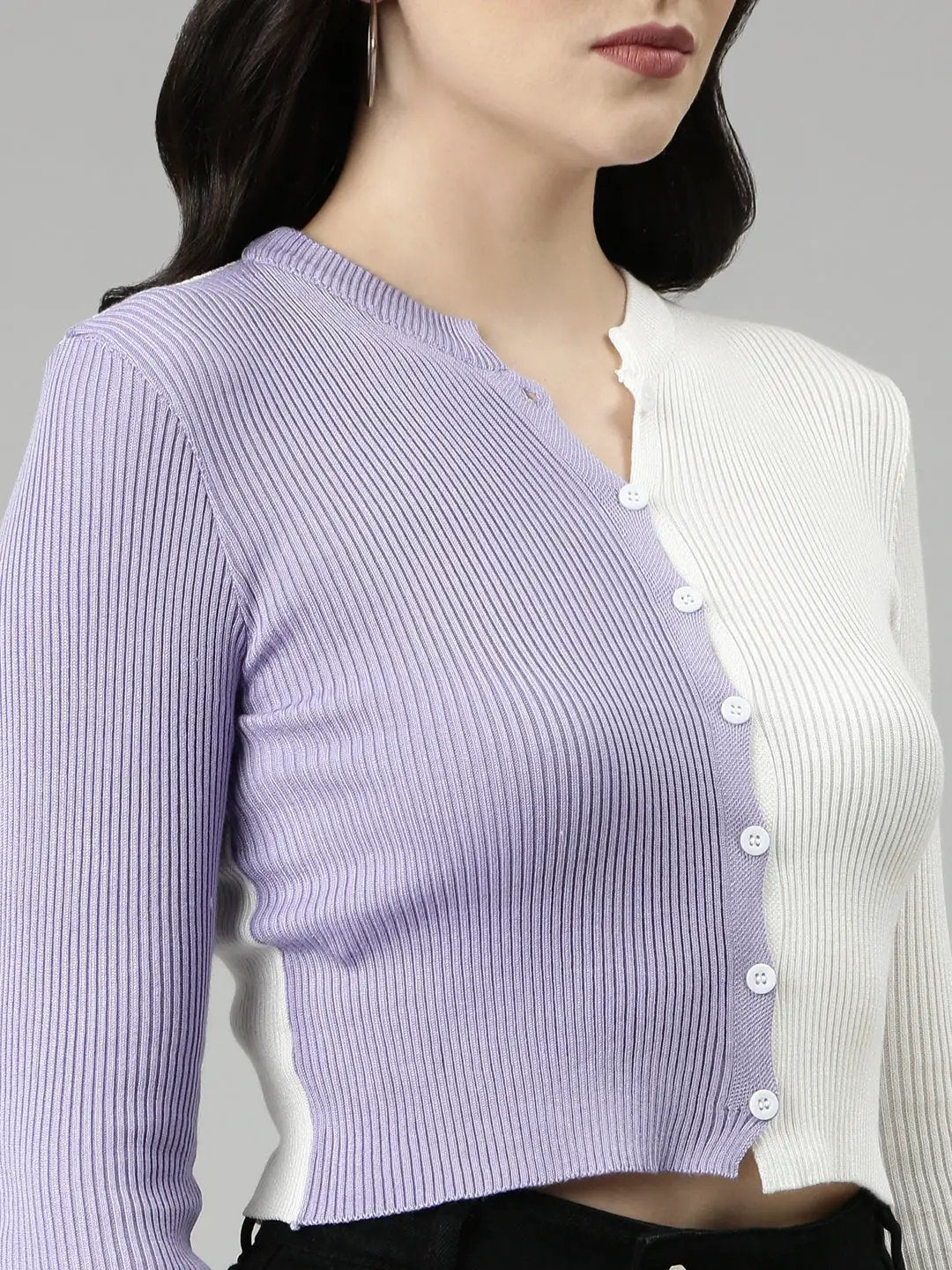 Women's Mandarin Collar Colourblocked Regular Sleeves Fitted Lavender Crop Top