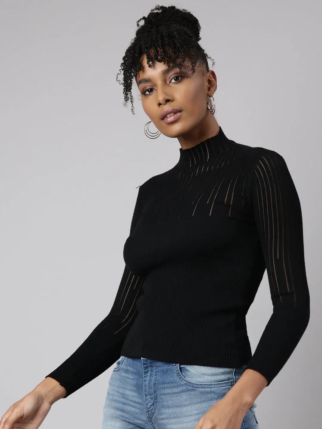 Women's Black High Neck Fitted Top
