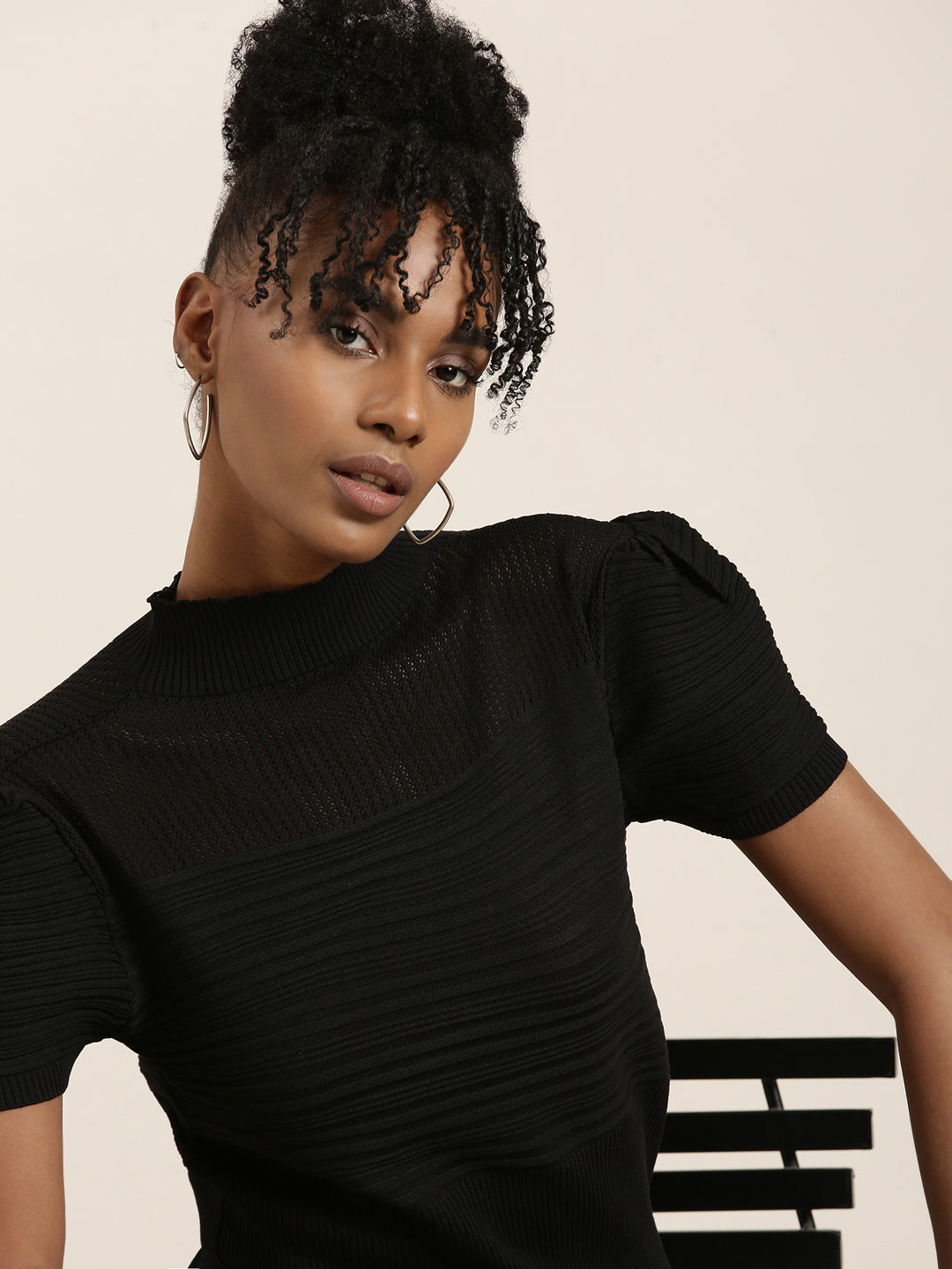 Women's High Neck Self Design Puff Sleeves Regular Black Top