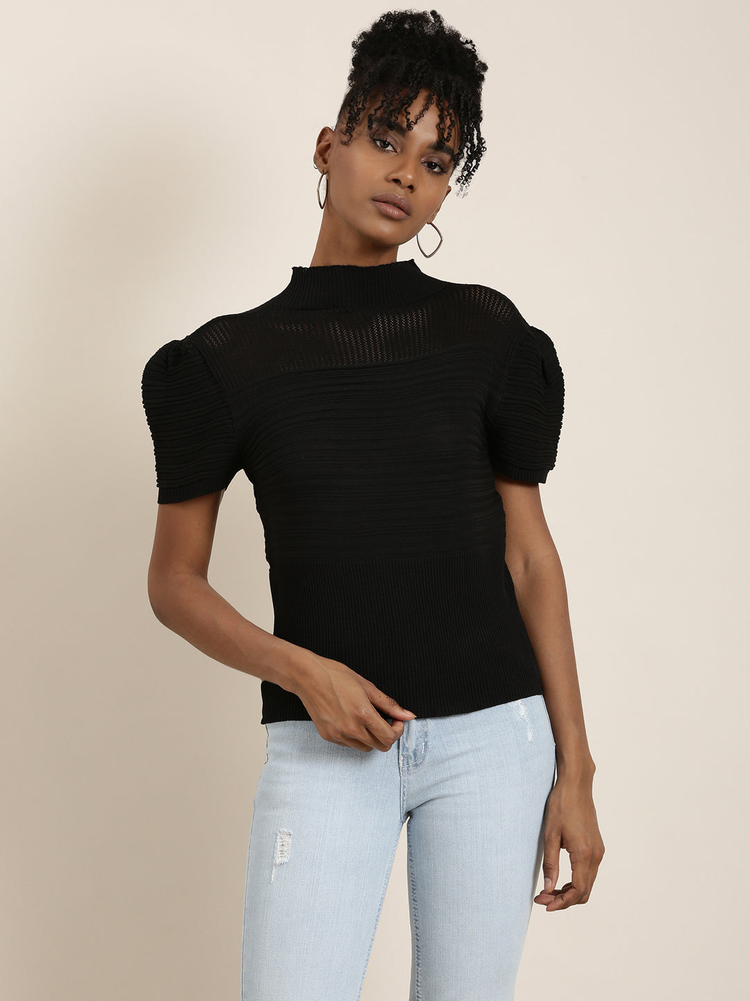 Women's High Neck Self Design Puff Sleeves Regular Black Top