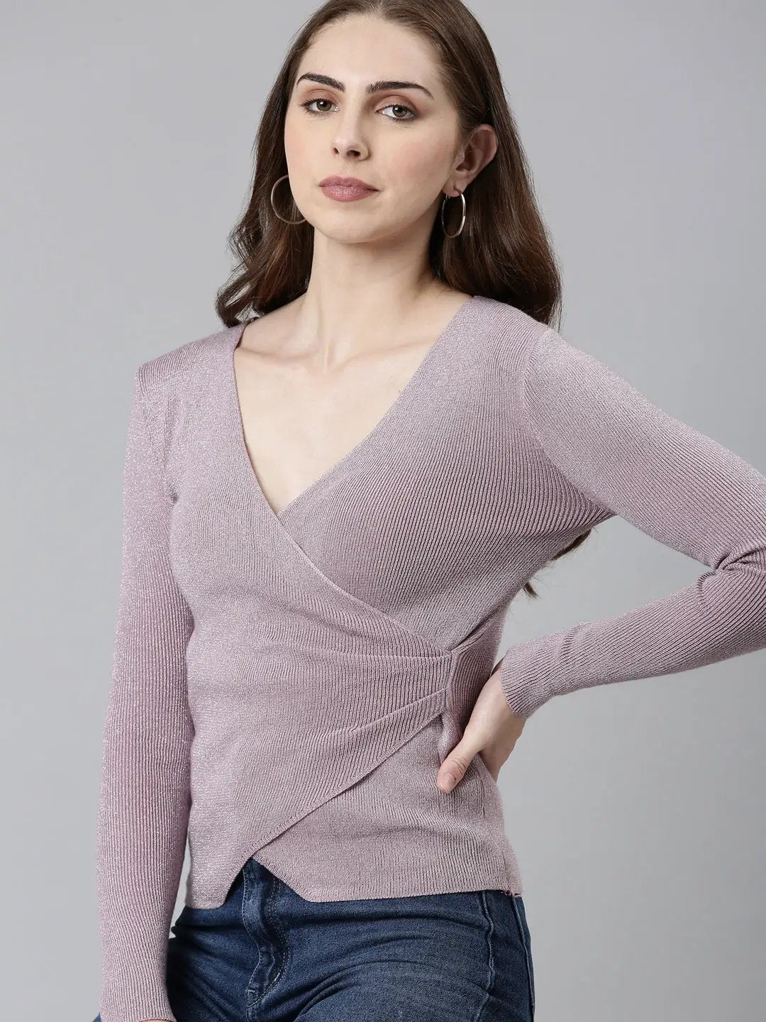 Women's V-Neck Embellished Regular Sleeves Wrap Lavender Top