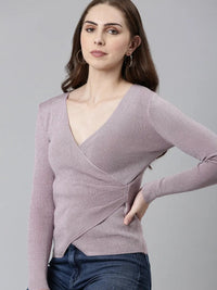 Women's V-Neck Embellished Regular Sleeves Wrap Lavender Top