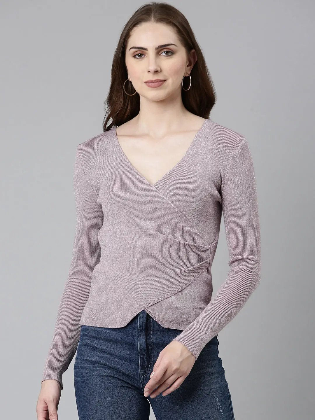 Women's V-Neck Embellished Regular Sleeves Wrap Lavender Top