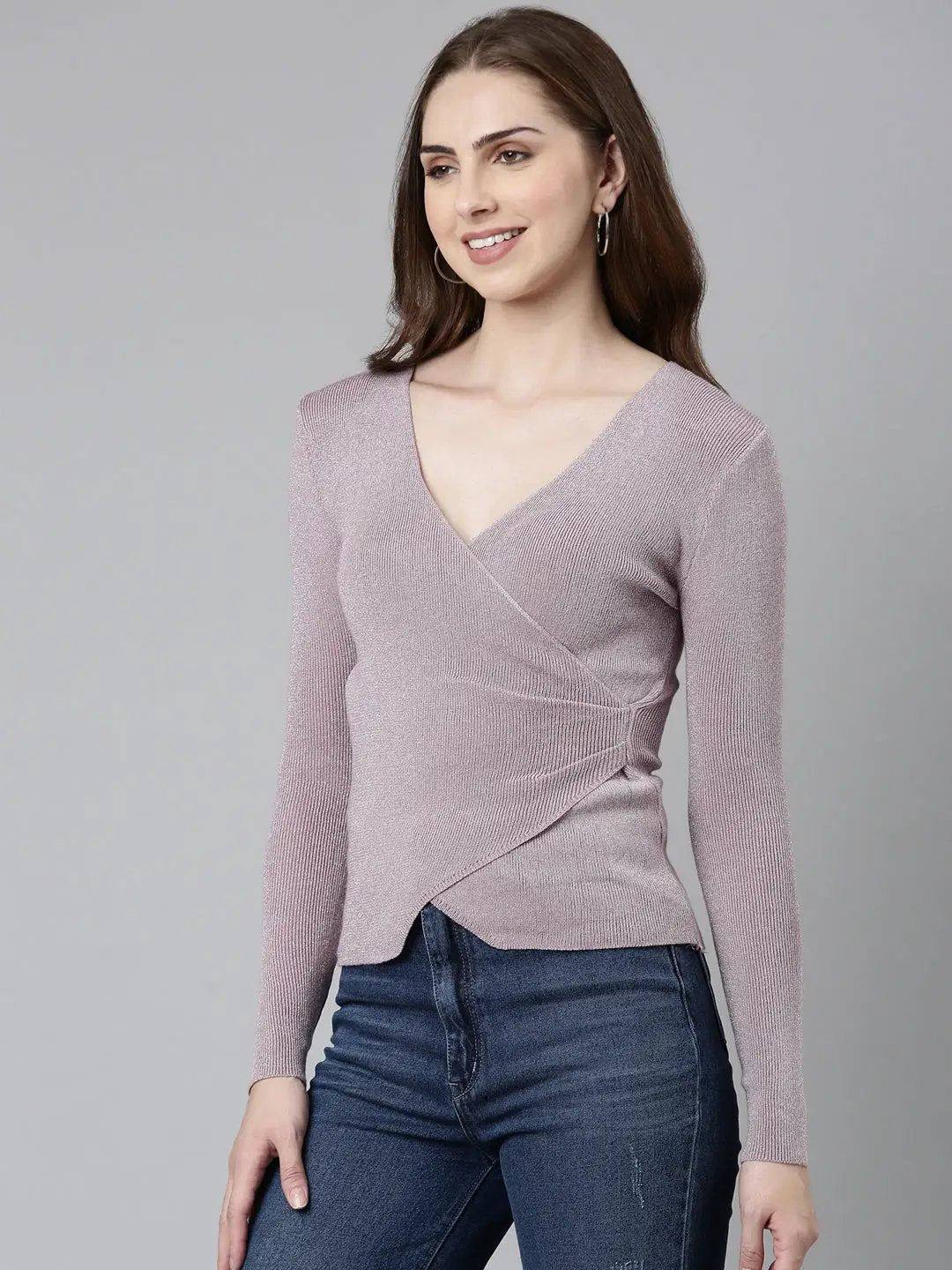 Women's V-Neck Embellished Regular Sleeves Wrap Lavender Top