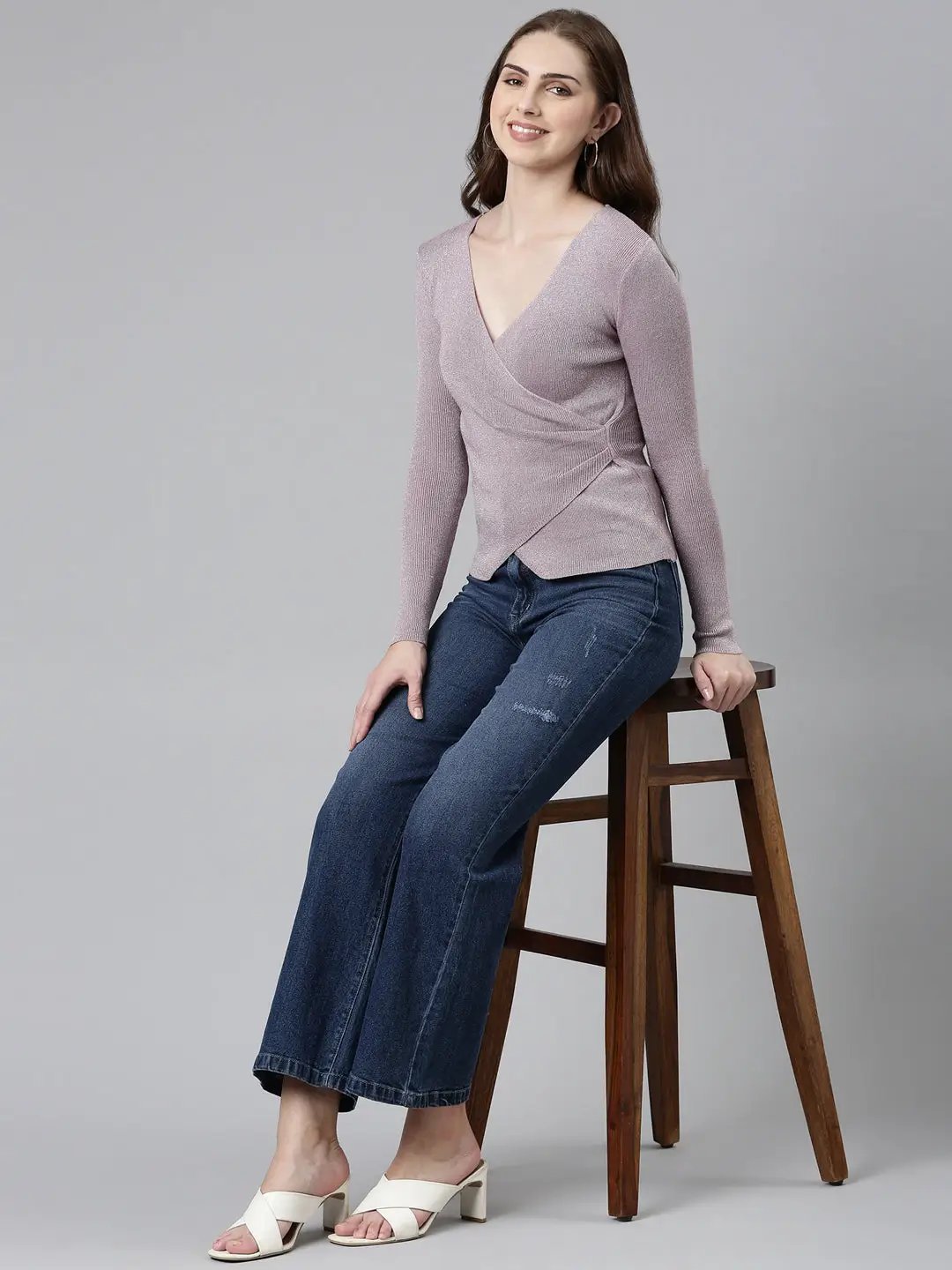 Women's V-Neck Embellished Regular Sleeves Wrap Lavender Top