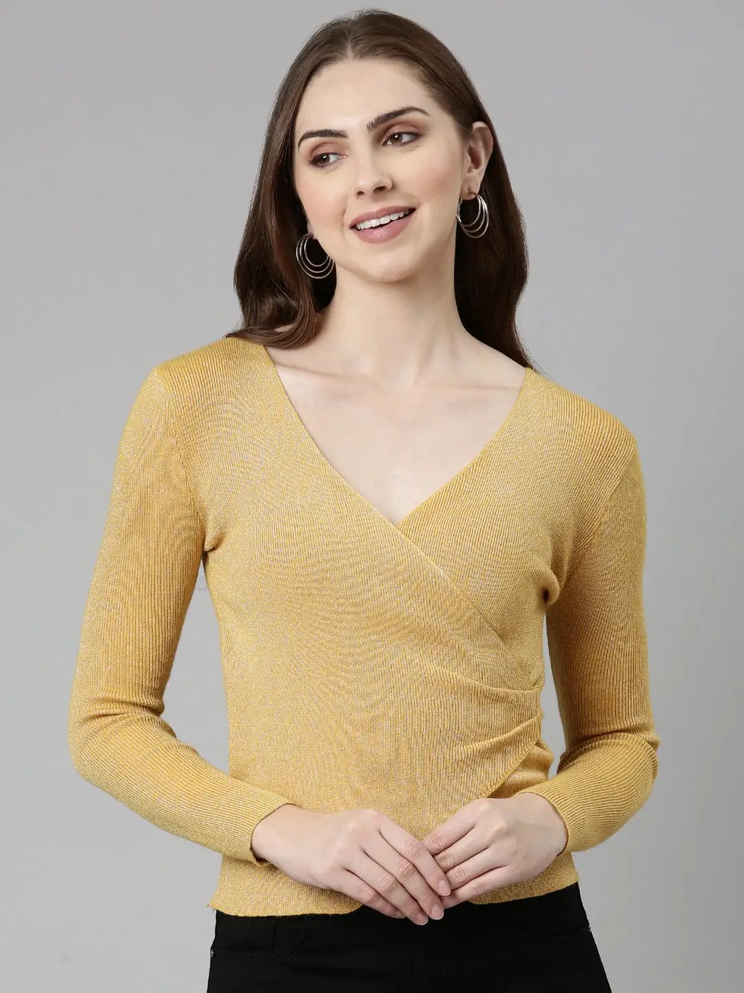 Women's V-Neck Embellished Regular Sleeves Wrap Mustard Top