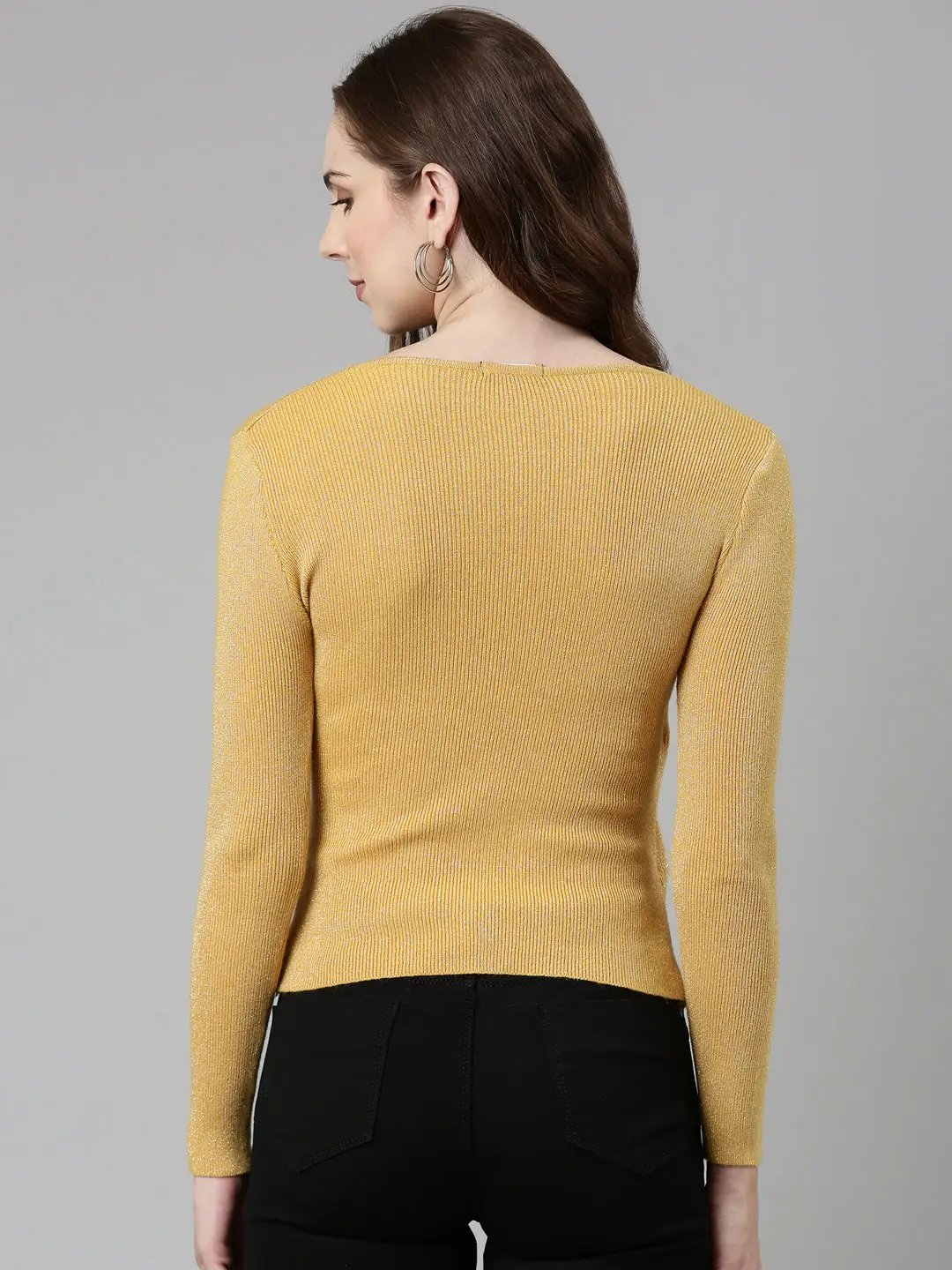 Women's V-Neck Embellished Regular Sleeves Wrap Mustard Top