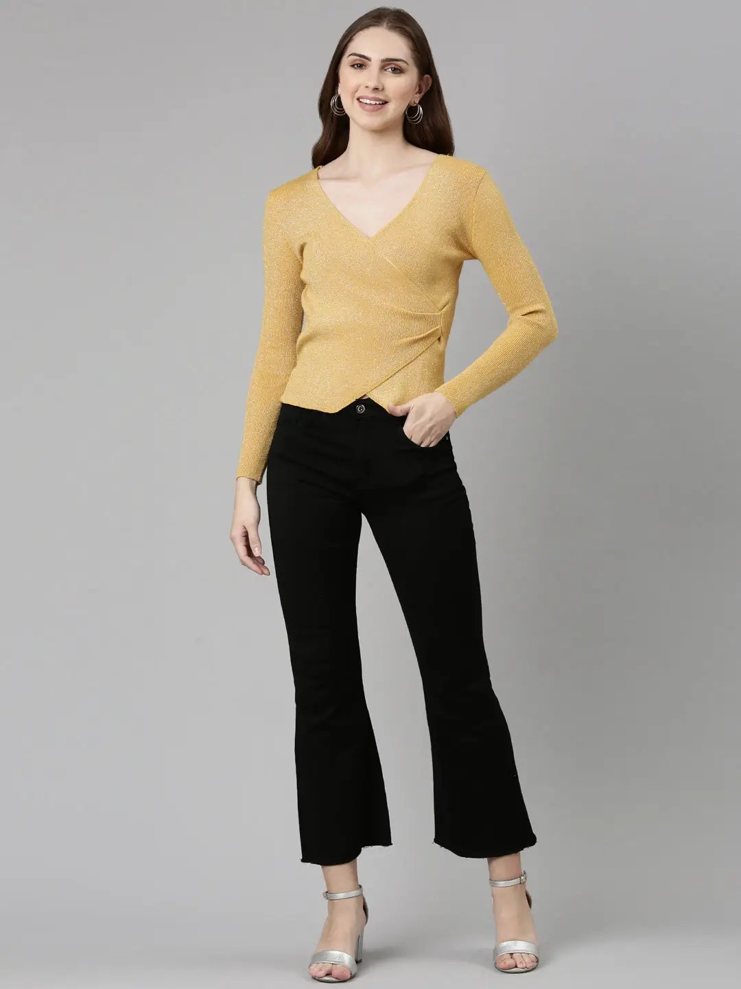 Women's V-Neck Embellished Regular Sleeves Wrap Mustard Top
