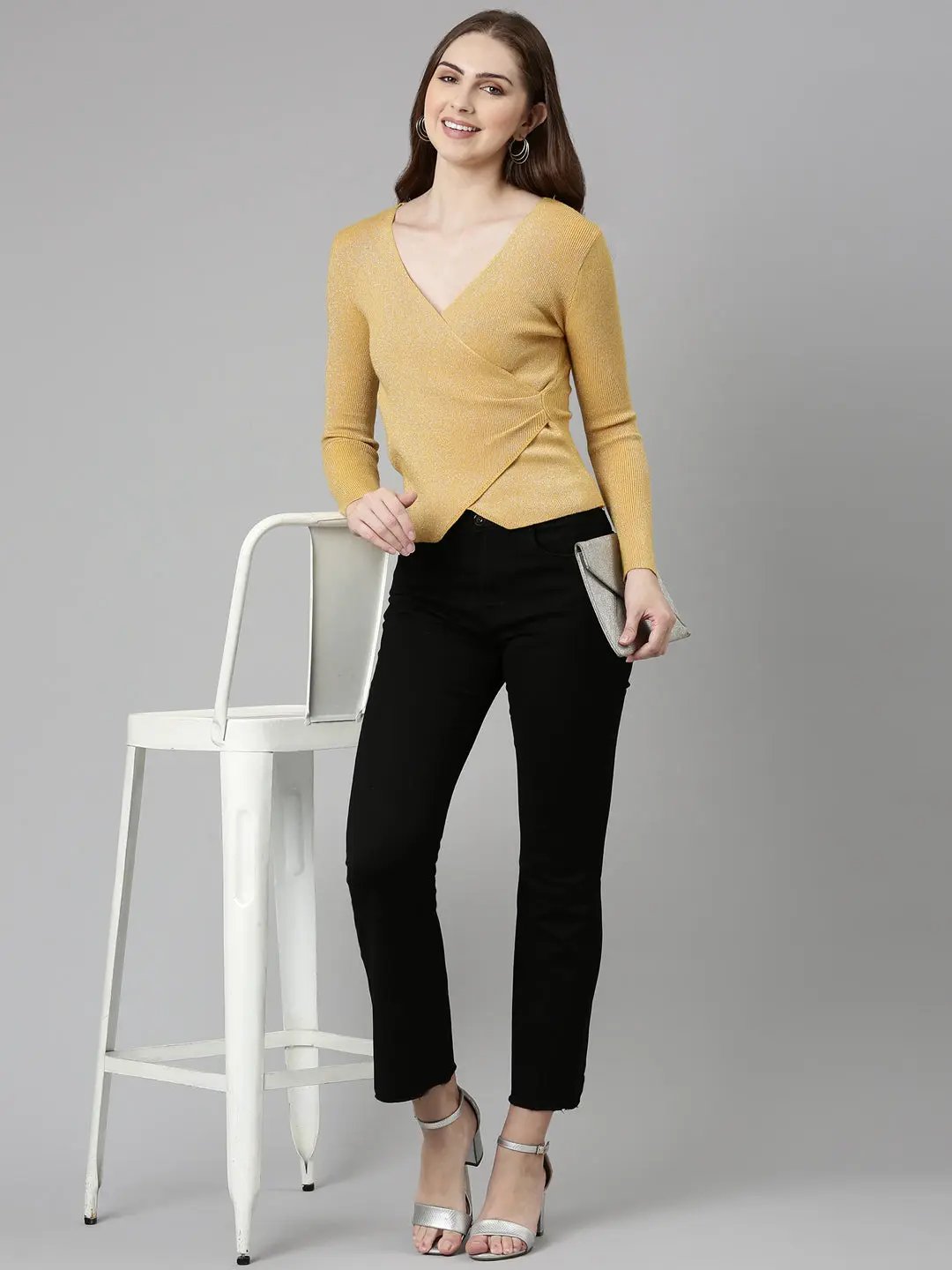 Women's V-Neck Embellished Regular Sleeves Wrap Mustard Top