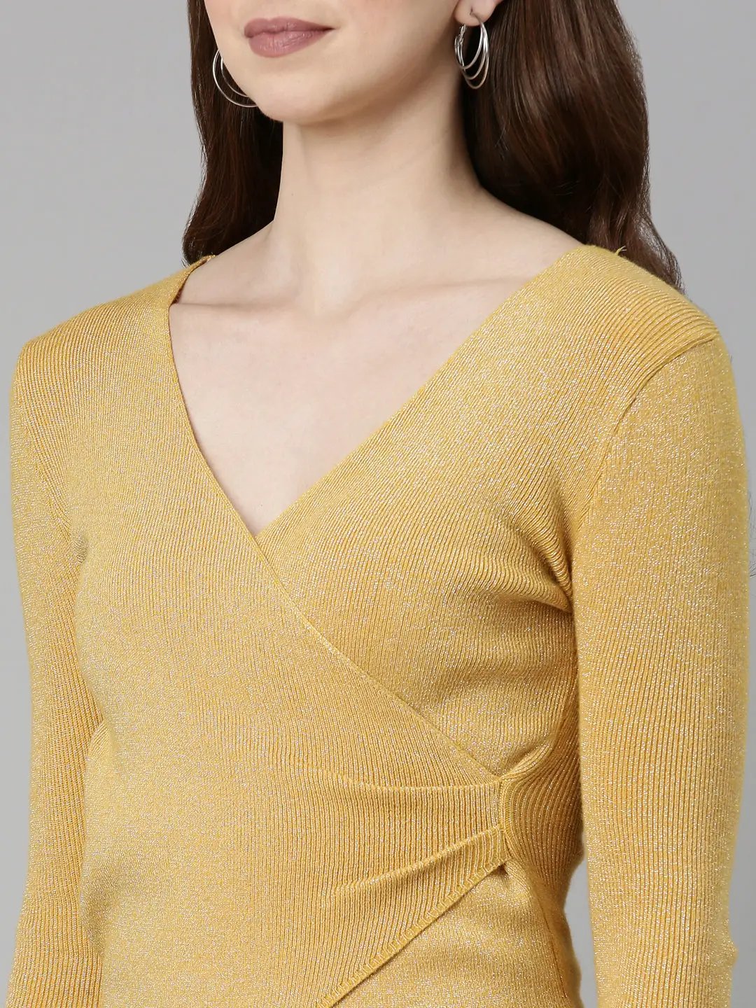Women's V-Neck Embellished Regular Sleeves Wrap Mustard Top