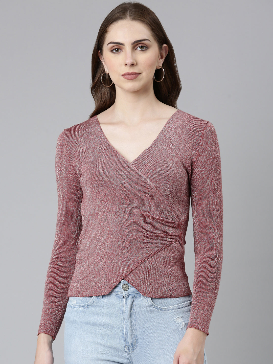 Women's V-Neck Embellished Regular Sleeves Wrap Rust Top