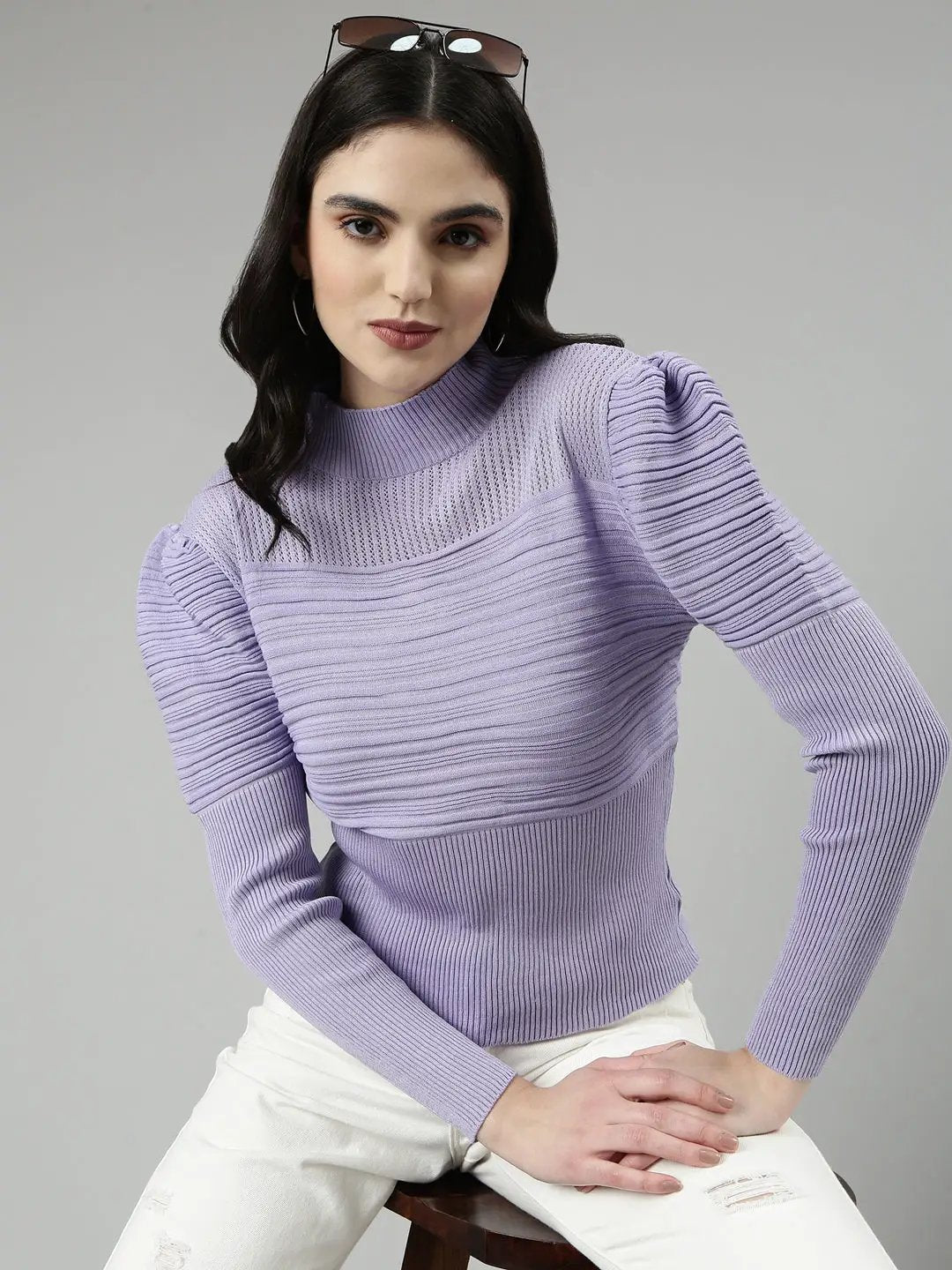 Women's High Neck Self Design Puff Sleeves Fitted Lavender Top