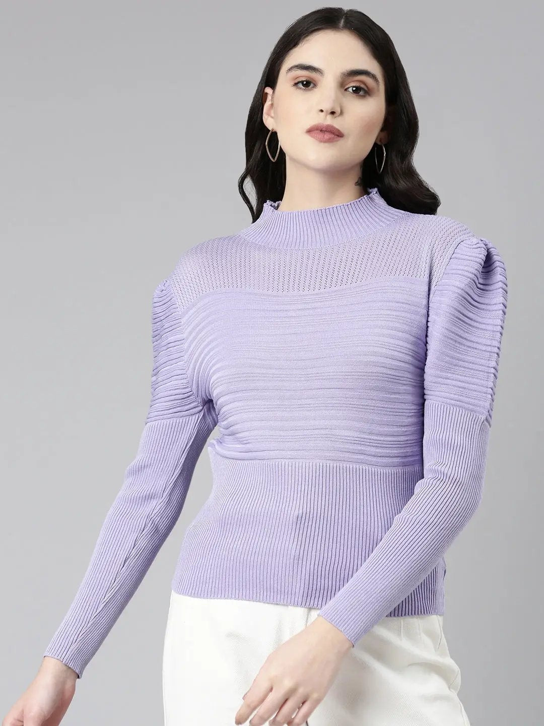 Women's High Neck Self Design Puff Sleeves Fitted Lavender Top