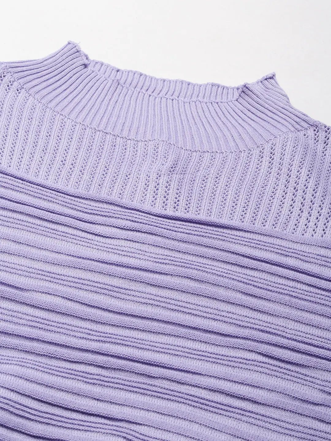 Women's High Neck Self Design Puff Sleeves Fitted Lavender Top