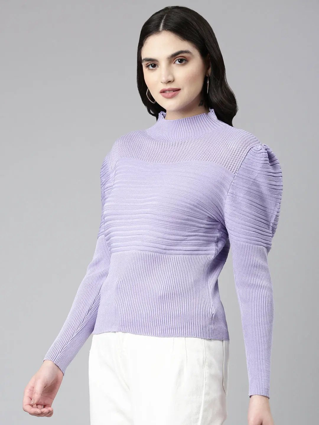 Women's High Neck Self Design Puff Sleeves Fitted Lavender Top