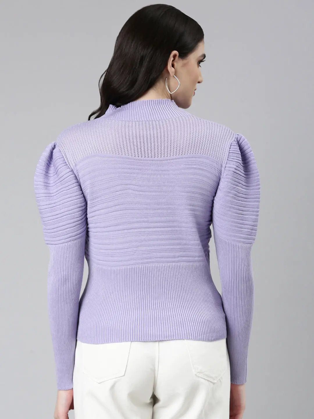 Women's High Neck Self Design Puff Sleeves Fitted Lavender Top