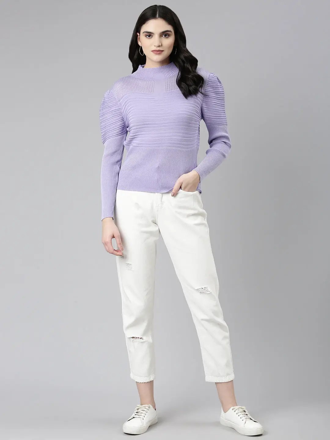 Women's High Neck Self Design Puff Sleeves Fitted Lavender Top