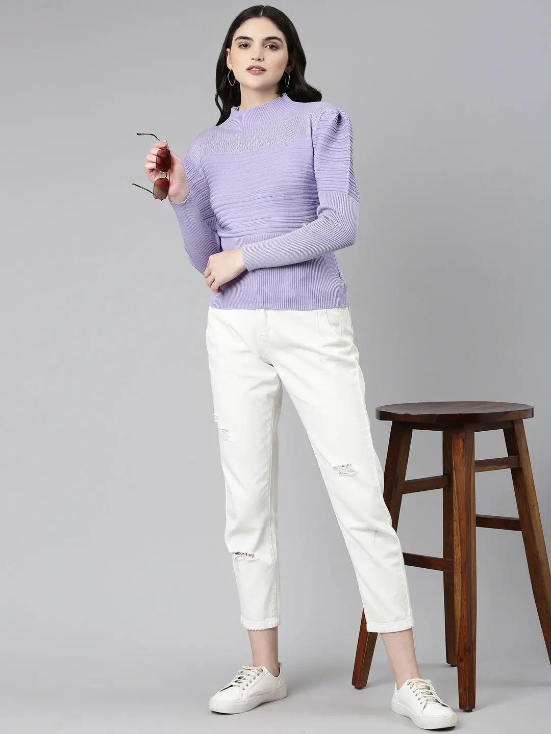 Women's High Neck Self Design Puff Sleeves Fitted Lavender Top