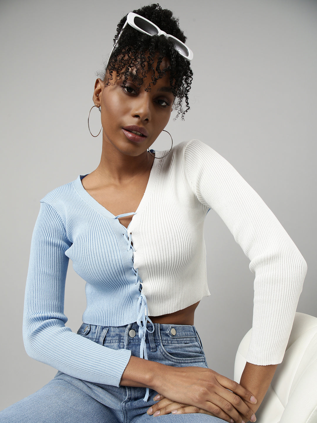 Women Blue Colourblocked Fitted Crop Top