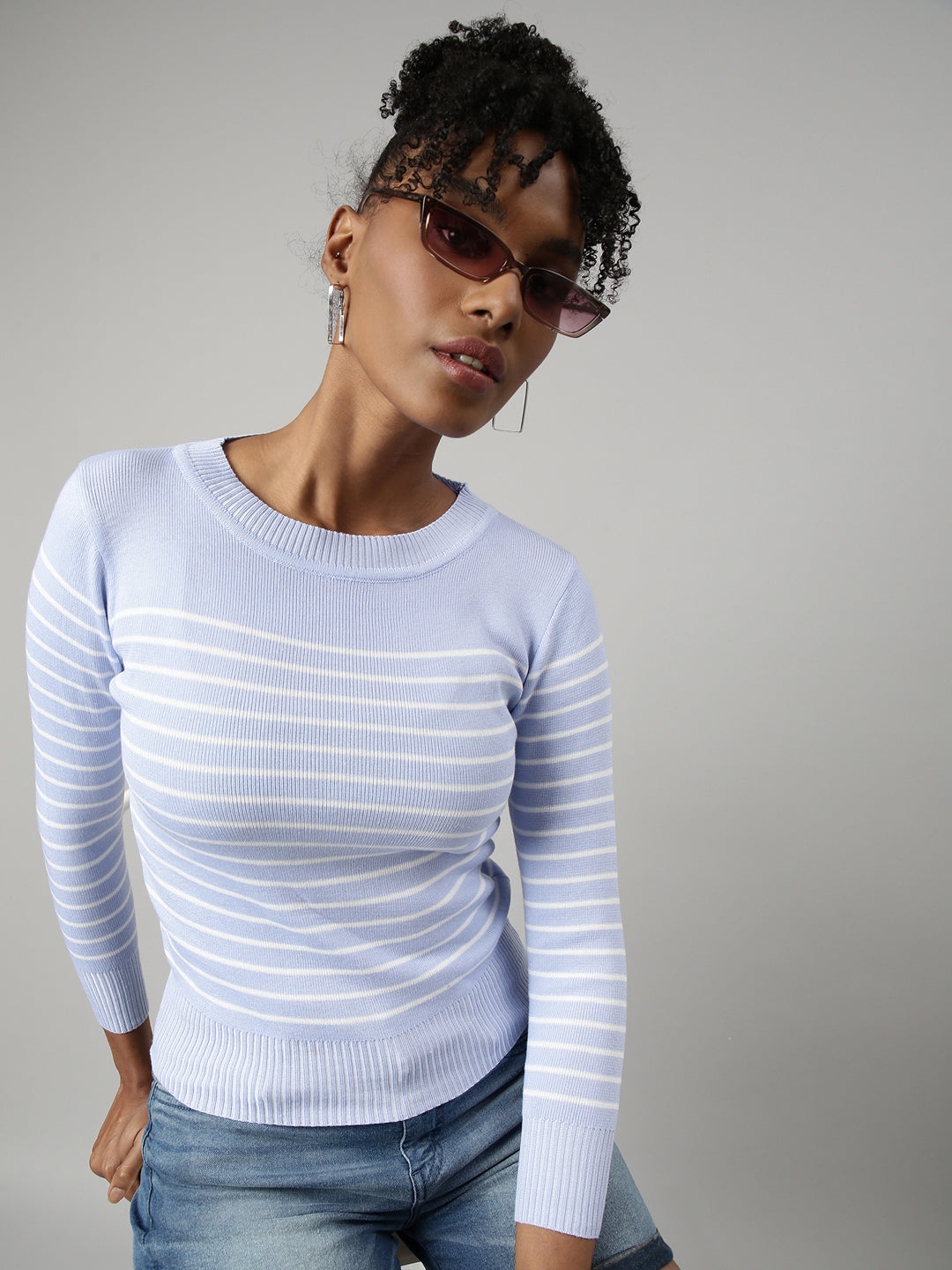 Women Lavender Horizontal Stripes Fitted Top