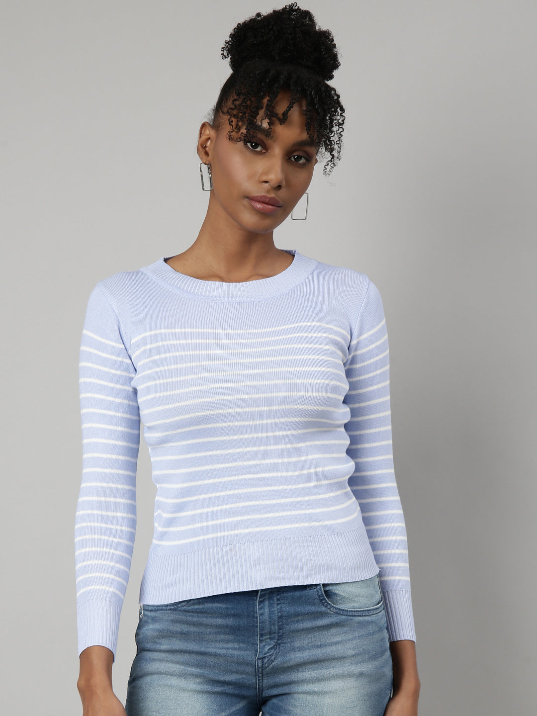 Women Lavender Horizontal Stripes Fitted Top