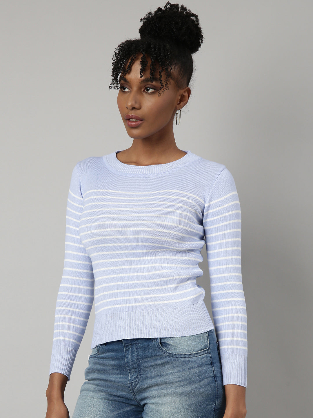 Women Lavender Horizontal Stripes Fitted Top