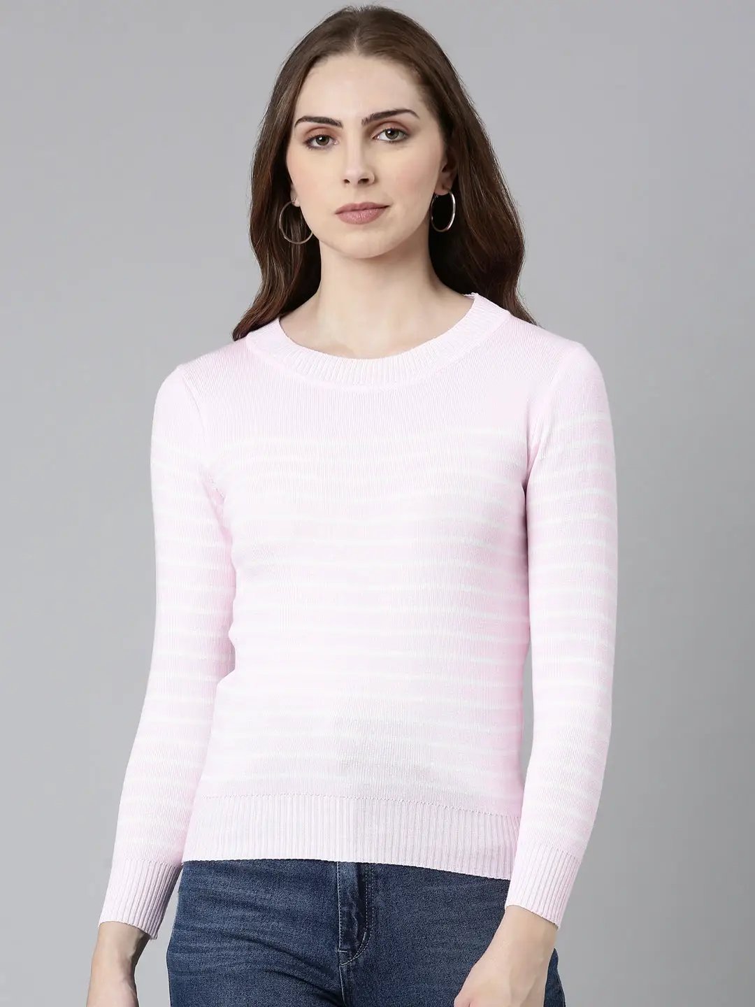 Women's Round Neck Striped Regular Pink Top