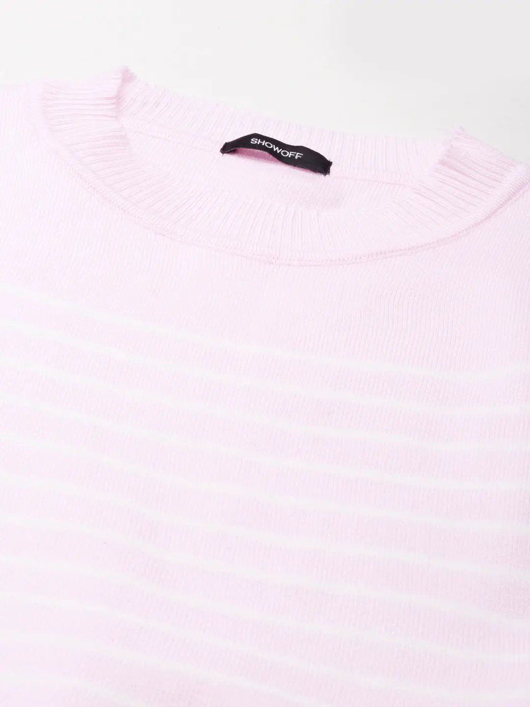 Women's Round Neck Striped Regular Pink Top