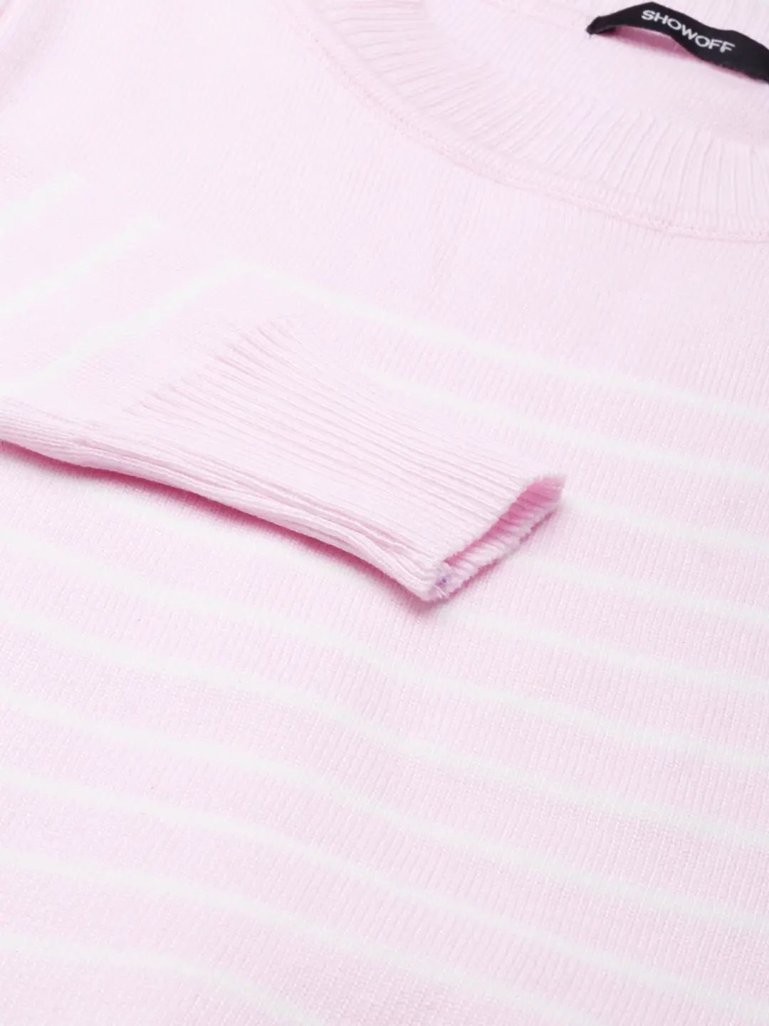 Women's Round Neck Striped Regular Pink Top