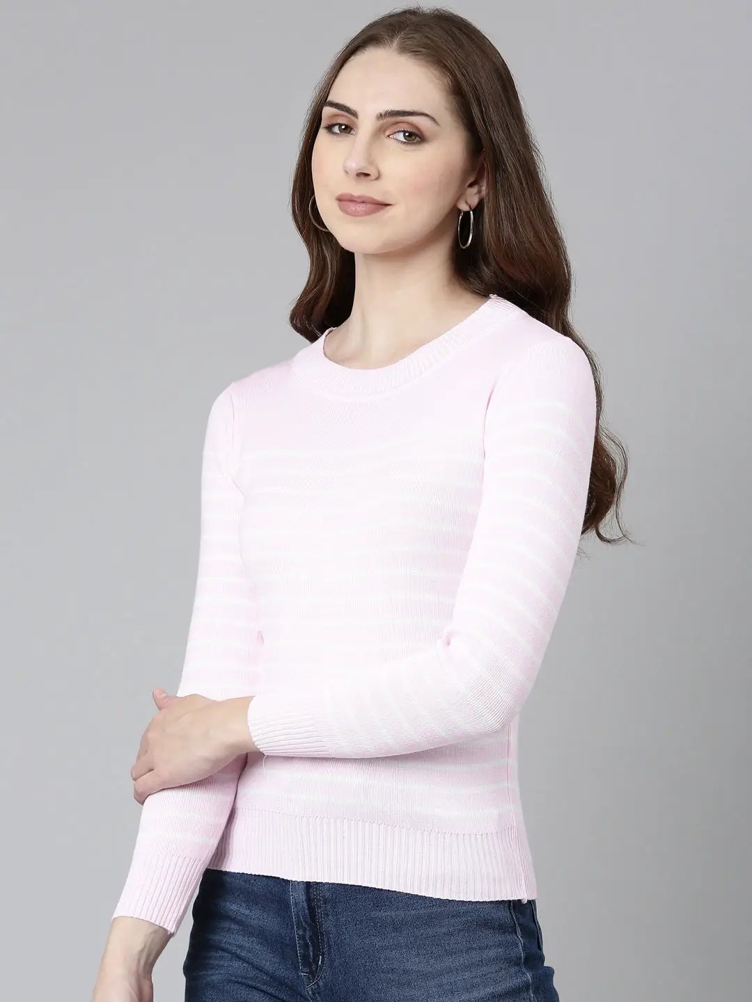 Women's Round Neck Striped Regular Pink Top