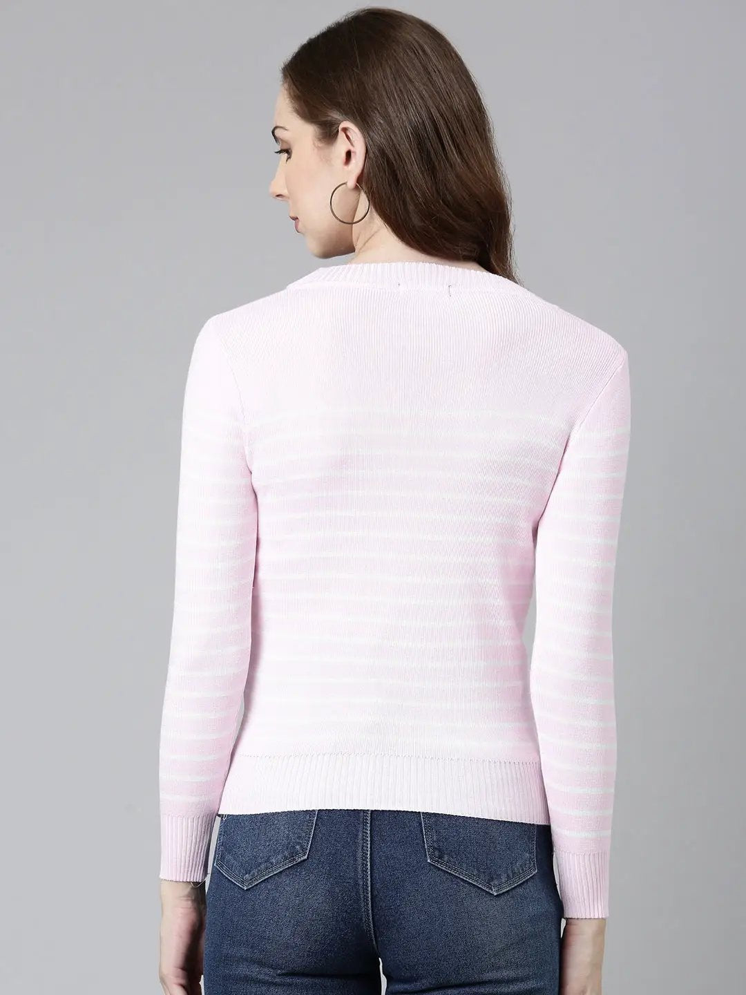 Women's Round Neck Striped Regular Pink Top
