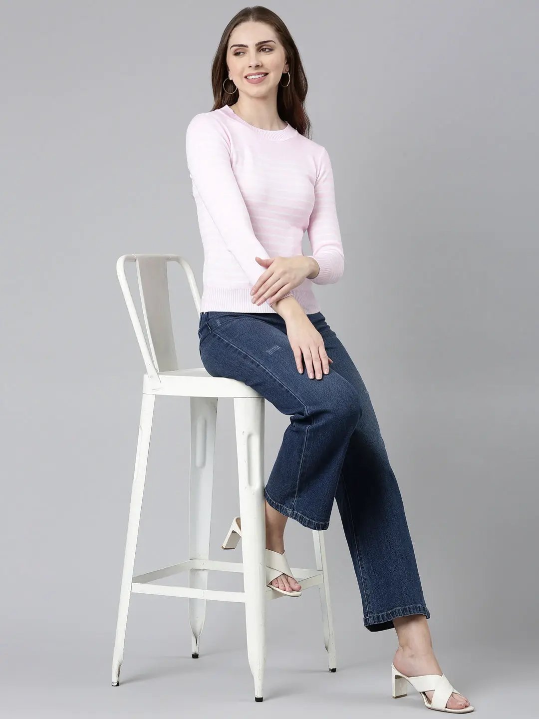 Women's Round Neck Striped Regular Pink Top
