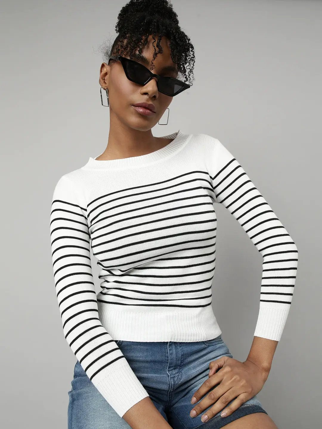 Women's White Horizontal Stripes Fitted Top