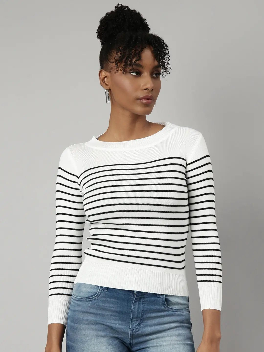 Women's White Horizontal Stripes Fitted Top