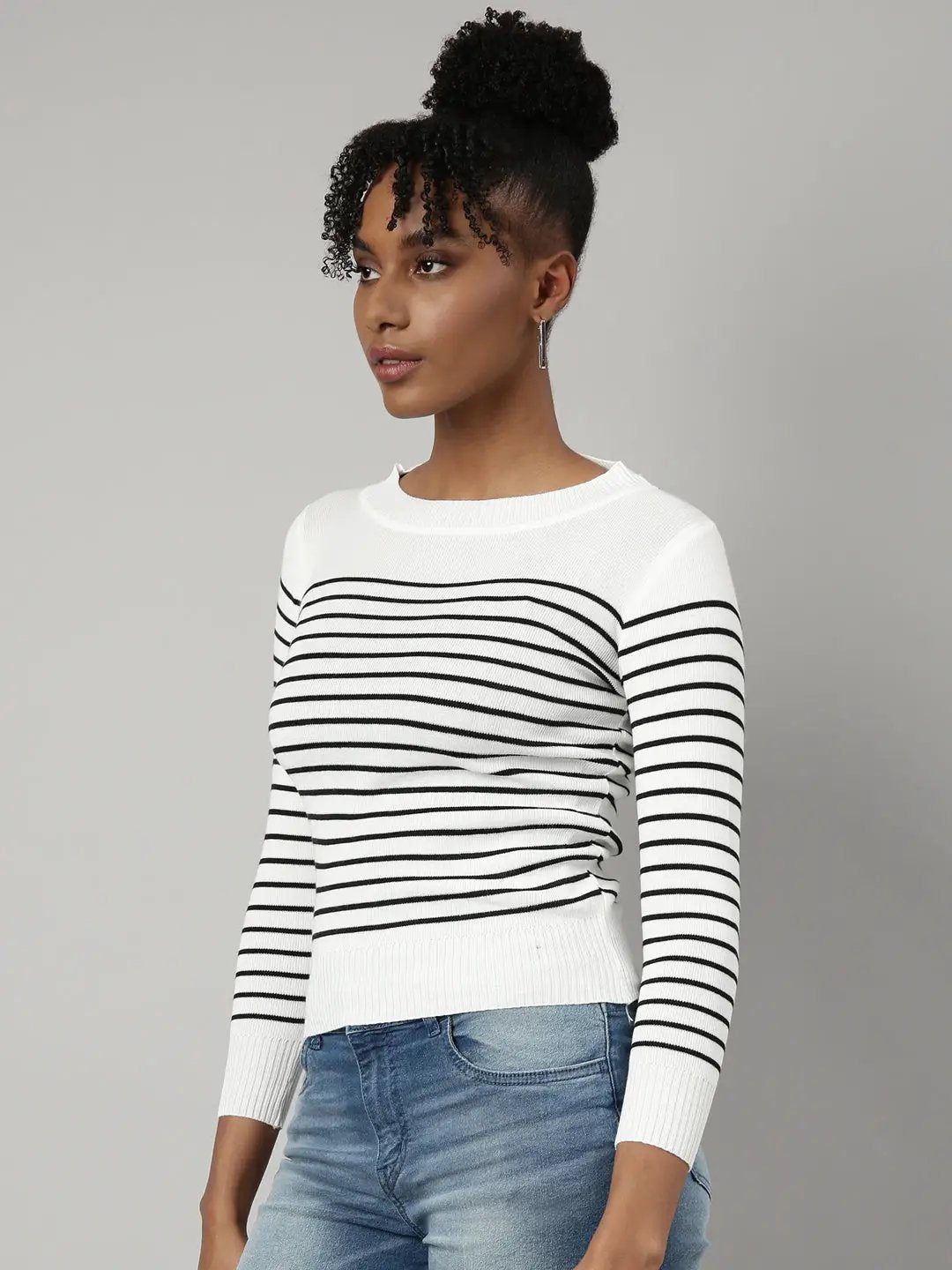 Women's White Horizontal Stripes Fitted Top
