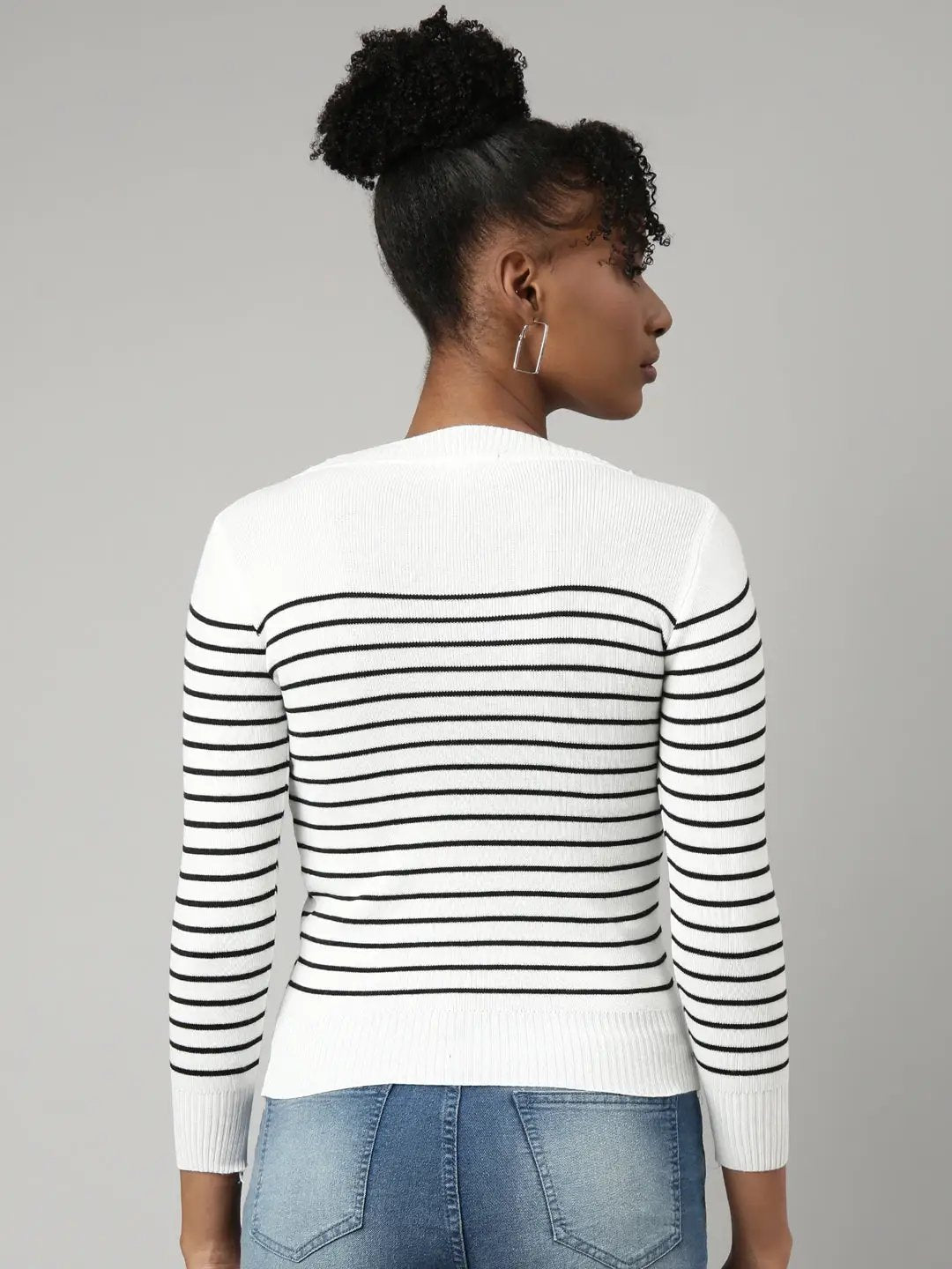 Women's White Horizontal Stripes Fitted Top