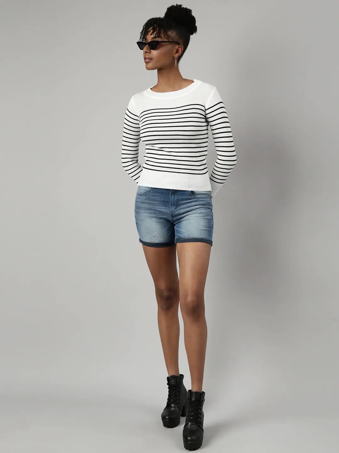 Women's White Horizontal Stripes Fitted Top